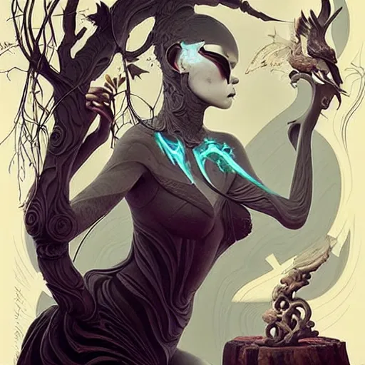 Image similar to fantasy portrait of a woman made of obsidian and smoke, carved Japanese Sakura wood organic overgrowth, holding nevermore, in GTA V, peter mohrbacher, artgerm, James Jean