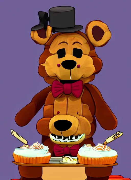 Image similar to Freddy Fazbear eating cakes, detailed digital art, trending on Artstation