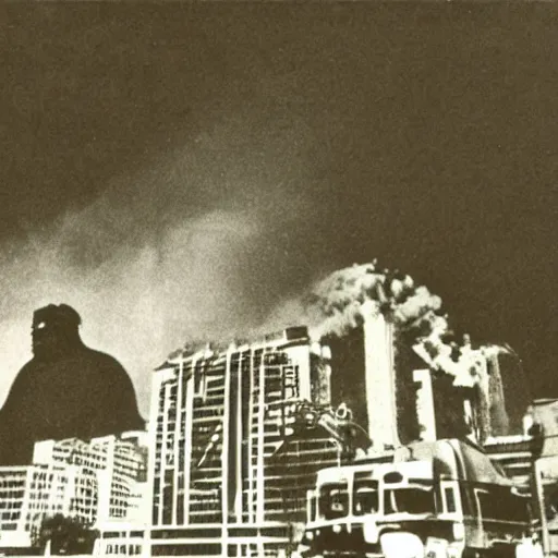 Image similar to rare vintage footage of Godzilla, overshadowing Kim Jong-il, obscured underexposed view