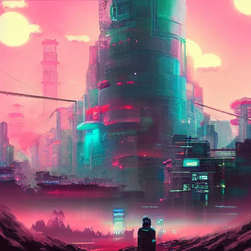 Prompt: beautiful japanese cyberpunk futuristic landscape painting, teal and pink, by tuomas korpi, dan mumford, trending on artstation