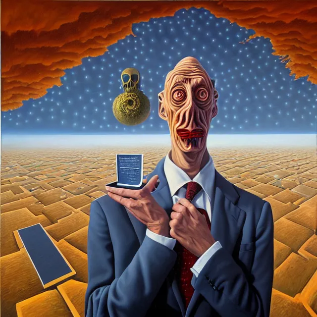 Image similar to an oil on canvas portrait painting of a business man, polycount, surrealism, surrealist, lovecraftian, cosmic horror, rob gonsalves, high detail