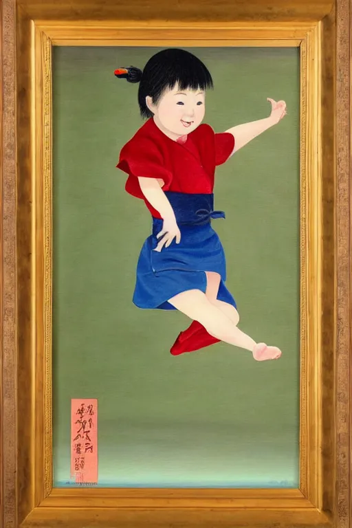 Prompt: a Tosa Mitsuoki painting of a toddler girl jumping in the kitchen