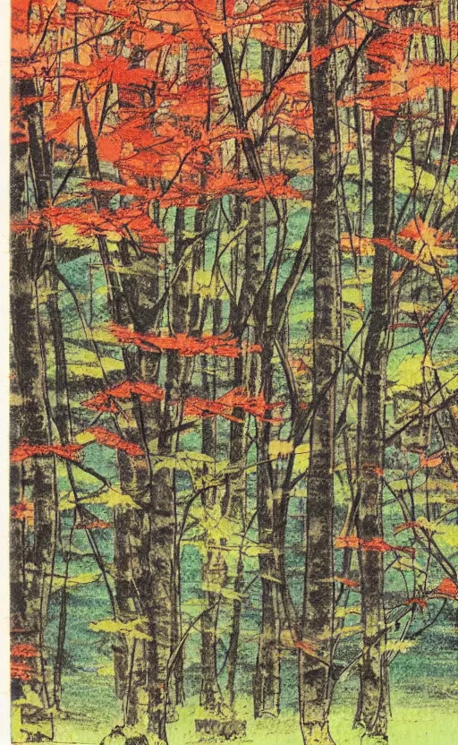 Image similar to by akio watanabe, manga art, maple forest next to big water pond, fall season, trading card front