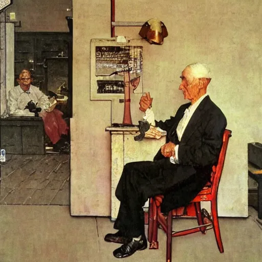 Image similar to A seated man waiting to be bought in a store. Painting by Norman Rockwell.