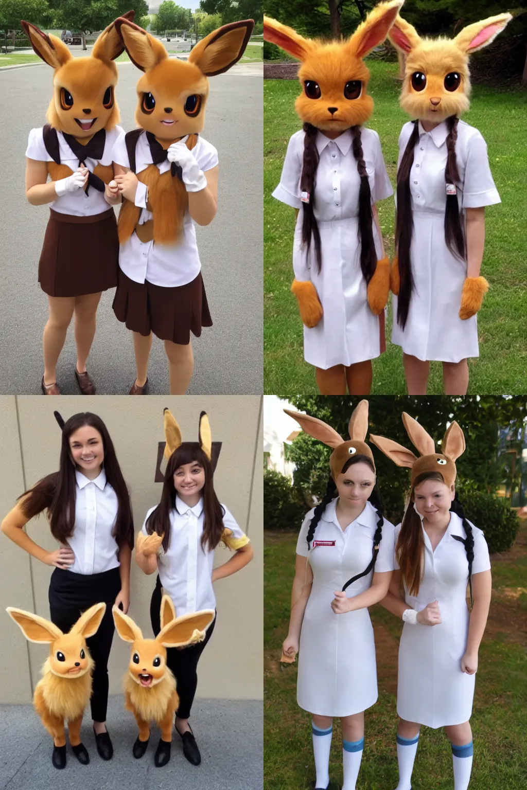 Prompt: photo of a pair of anthropomorphic eevee ((mormon missionary)) girls