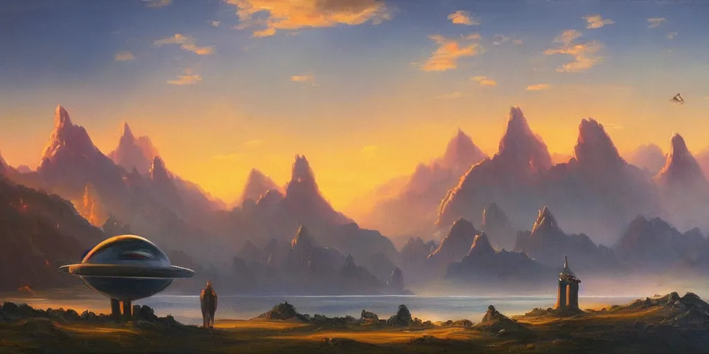 Image similar to a landscape with a futuristic city and spaceship flying in the sky, mountains, a lake and clouds in background at sunset, oil painting