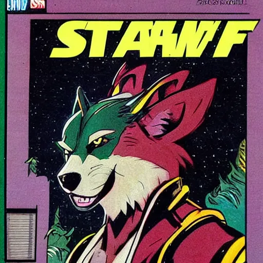 Image similar to 1 9 8 0 s comic book cover scan featuring a portrait of villain male wolf o'donnell anthropomorphic wolf furry fursona from starfox wearing a dark space mercenary uniform, dark grey wolf, handsome eyes, wolf o'donnell