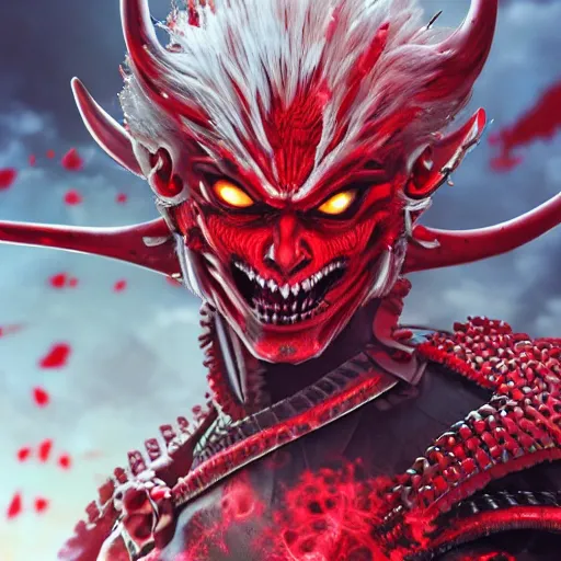 Prompt: demon samurai made by Yusuke Murata, Tomohiro Shimoguchi, Takeshi Obata, Masakazu Katsura,short hair, scar in one eye, red particles around ,destroyed city in the background,artstationCGsociety, full length, exquisite detail, post-processing, masterpiece, volumetric lighting, cinematic, hypermaximalistic, high details, cinematic, 8k resolution, beautiful detailed, insanely intricate details,ArtStation, CGSociety