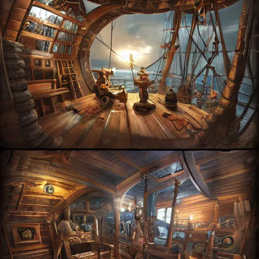 Image similar to interier view of award - winning pirate themed escape room set on the top deck on pirate ship from 1 7 2 0. steampunk. trending on artstation, realistic.