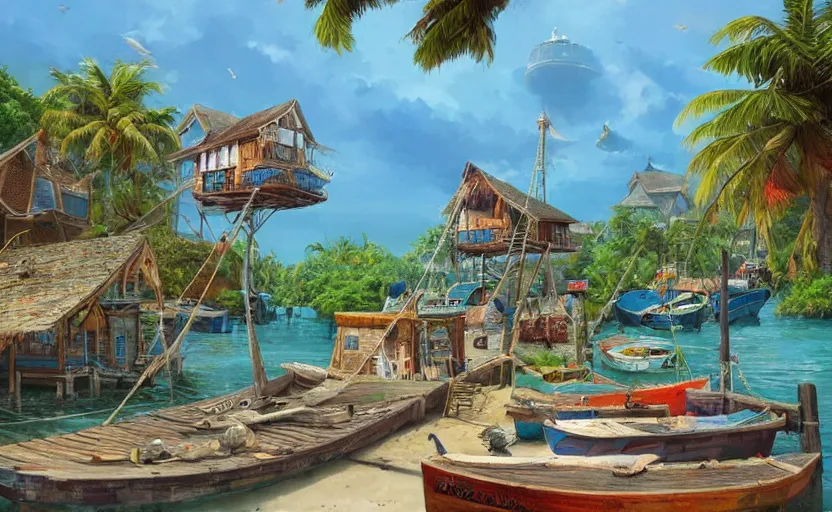 Image similar to a little fisher village on a tropical island, wood pier and houses, nets and boats, house made with boat parts, scenic view, bright day, matte painting by marc simonetti and rhads and donato giancola, trending on artstation