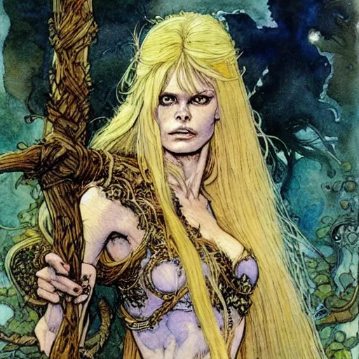 Image similar to a realistic and atmospheric watercolour fantasy character concept art portrait of brigitte bardot in her 2 0 s as a druidic warrior wizard looking at the camera with an intelligent gaze by rebecca guay, michael kaluta, charles vess and jean moebius giraud