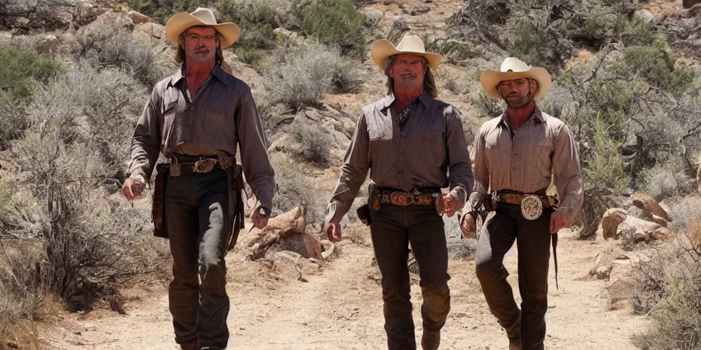 Prompt: 2 cowboys, Kurt Russel and Dave Bautista, on the old west mountain trail