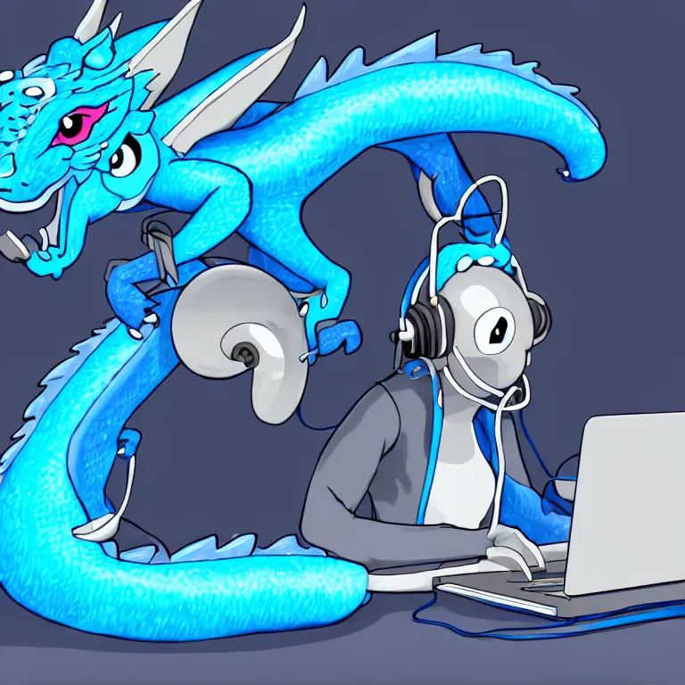Image similar to an anthropomorphic male blue dragon wearing headphones making music on his laptop, deviantart, furry art, highly detailed, 8k