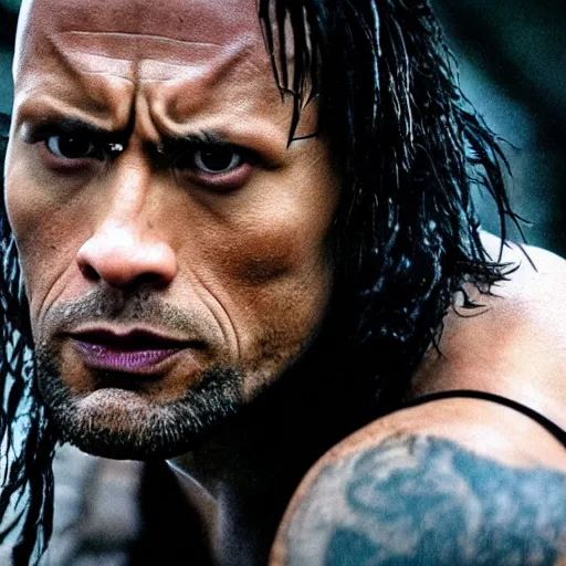 Prompt: a cinematic film still Dwayne Johnson starring in The Crow, portrait, sassy, emo hair, 40mm lens, shallow depth of field, close up, split lighting, cinematic