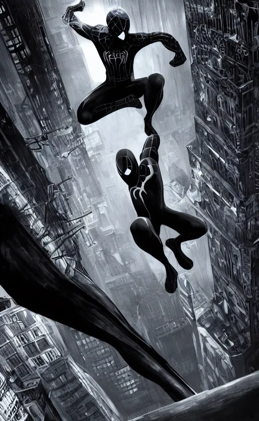 Image similar to epic spiderman noir wallpaper, dynamic lighting, photorealistic fantasy concept art, trending on art station, stunning visuals, creative, cinematic, ultra detailed