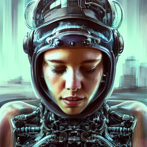 Prompt: a girl in a closed helmet in a biopunk costume consisting of swollen muscles, tendons, bones joints, protruding pistons. masterpiece 4k digital illustration by Scott M. Fischer, award winning, Artstation, Akira aesthetic, black background, intricate details, realistic, Hyperdetailed, 8k resolution