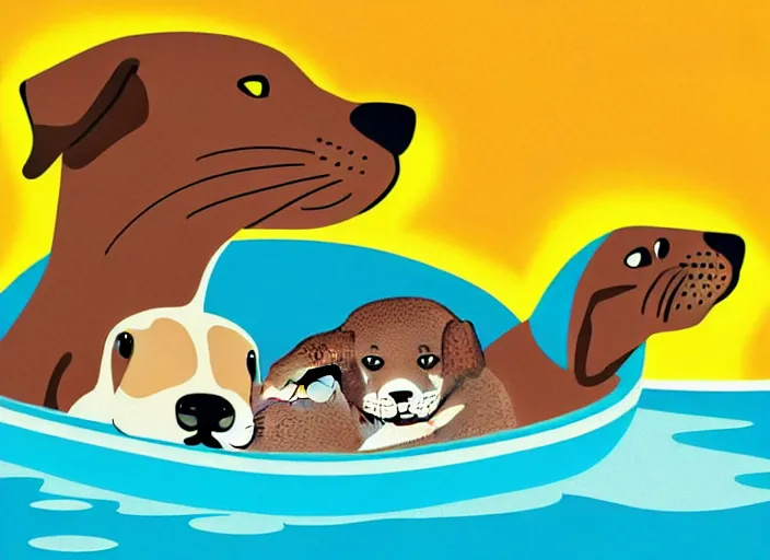 Image similar to dog and otter relaxing, colorful,modern art deco, disney poster, editorial illustration, detailed,