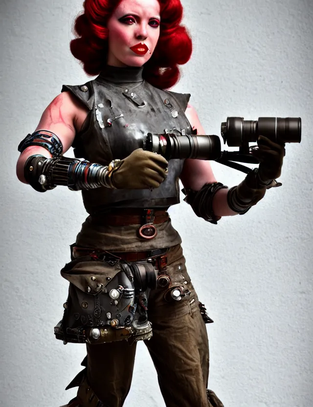 Image similar to full length photograph of a real - life very beautiful atompunk warrior. extremely detailed. dslr. 8 5 mm.