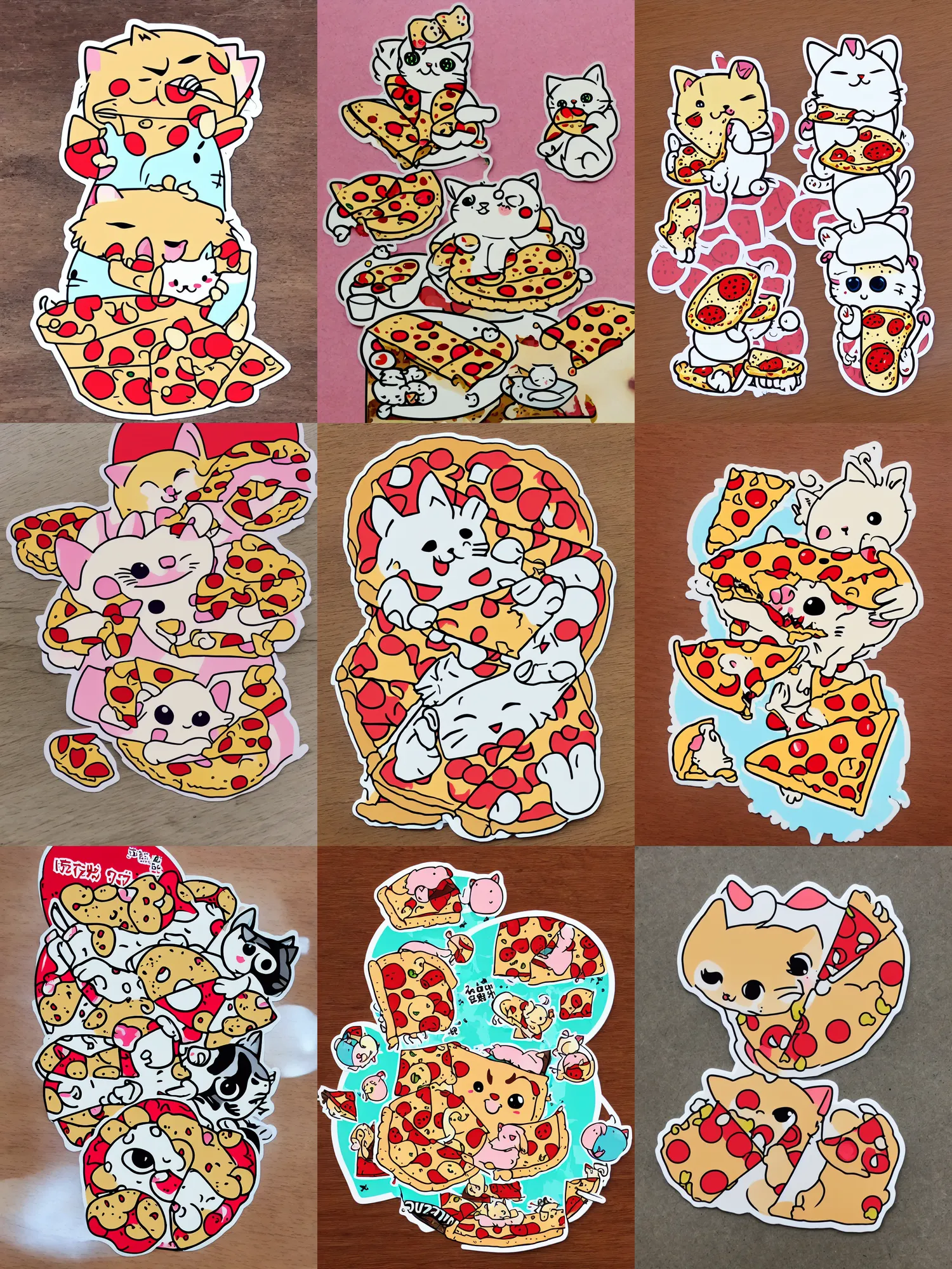 Prompt: large sticker of chibi cute cat eating pizza, Japanese kawaii style