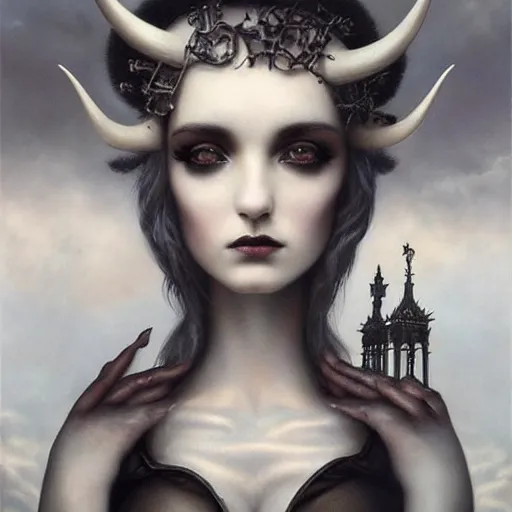 Prompt: By Tom Bagshaw, ultra realist soft painting of zynoid curiosities by night, very beautiful horned single dollpunk gothic fully dressed, symmetry accurate features, very intricate details, ominous sky, black and white, volumetric light clouds