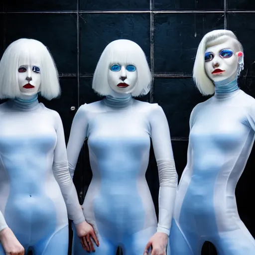 Image similar to troop of freak show women with white bob hairdos, white hair, tight light blue neopren suits, futuristic production facility, sci - fi, highly detailed, cinematic