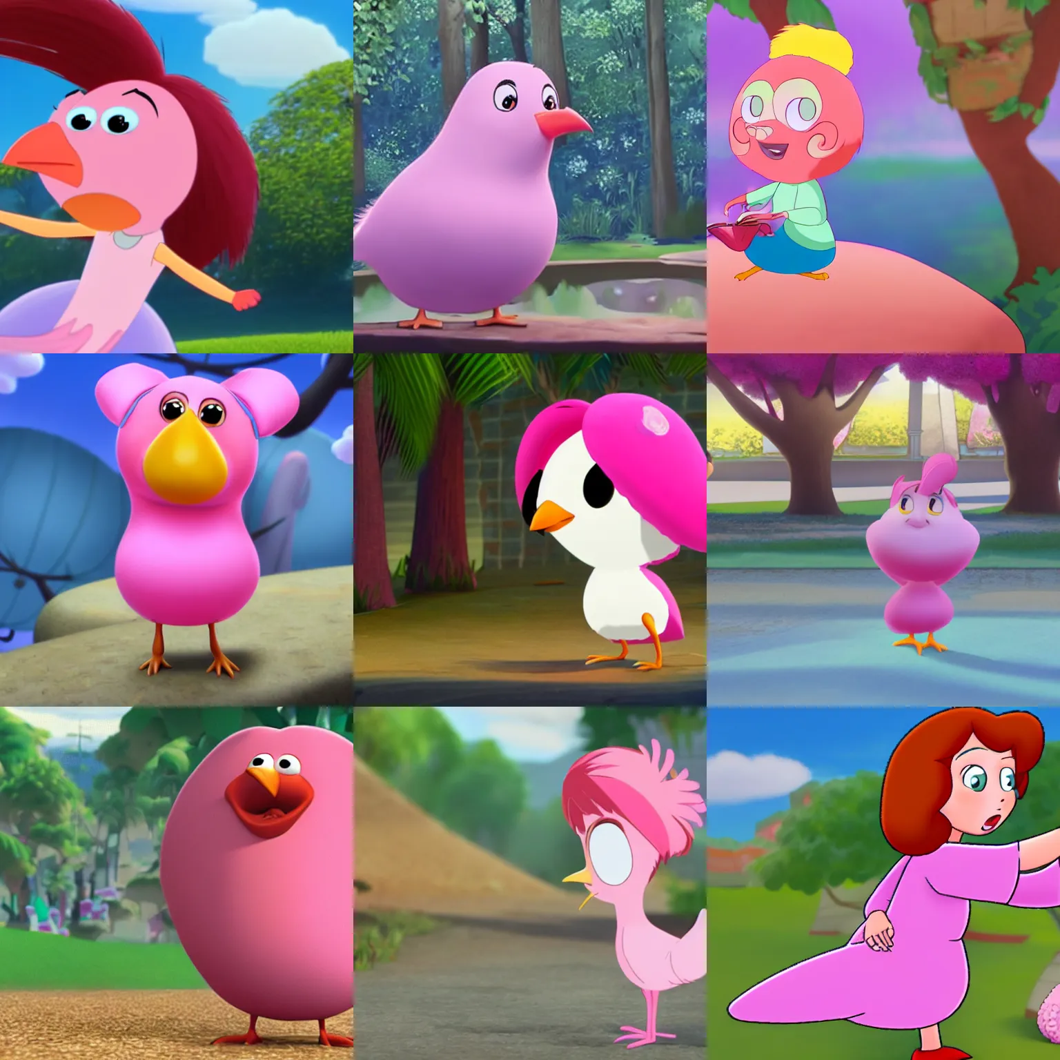 Prompt: screenshot of animated movie with a round pink bird character with short bangs