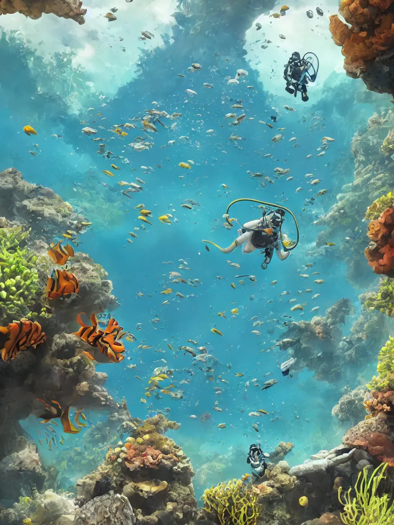 Prompt: scuba diving by disney concept artists, blunt borders, rule of thirds