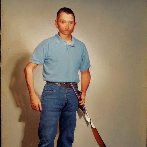 Image similar to preston hawkes wearing a blue collared polo shirt with blue jeans holding a protractor in one hand and a sword in the other hand, studio portrait