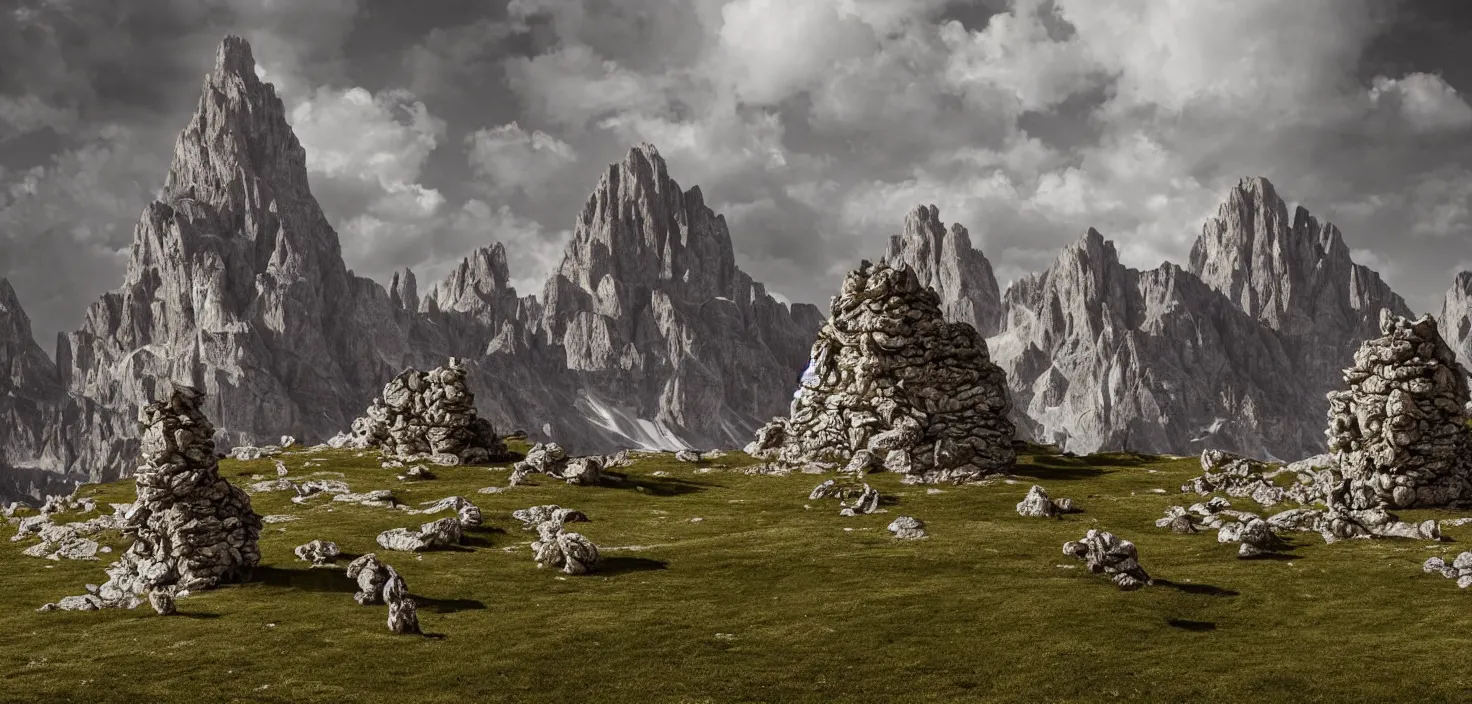 Prompt: hyperrealist highly detailed neo-baroque photography portrait of haystack monsters standing in dolomites concept art pascal blanche dramatic studio lighting 8k wide angle shallow depth of field