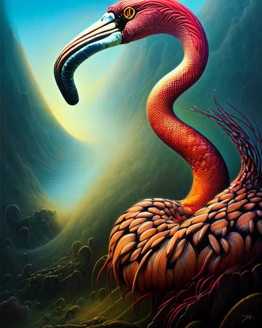 Image similar to a detailed portrait of dreampunk flamingo python hybrid mix by tomasz alen kopera and peter mohrbacher
