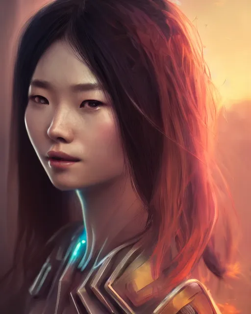 Image similar to detailed portrait Ming Zhao, solarpunk, futuristic utopia, scifi, android, starry long hair, by Darren Bartley, Wojtek Fus, Frederic Bennett, innocent smile, Perfect face, fine details, realistic shaded, fine-face, pretty face