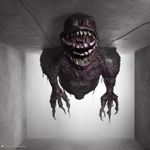 Image similar to creepy monster lurking in a dingy basement, highly detailed, epic lighting, hyper photorealism, low angle, trending on artstation 8 k