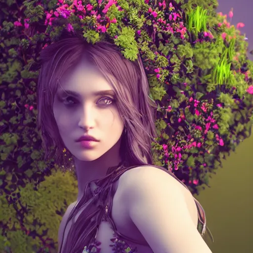 Prompt: beautiful girl in a dress made of plants, beautiful portrait, symmetrical, character concept style trending on artstation concept art detailed octane render cinematic photo - realistic 8 k high detailed