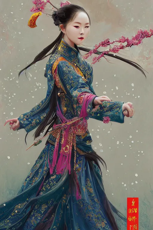 Image similar to portrait wuxia sword dance Girl, Chinese costume, in forbidden City Rainning, flowers sea everywhere, ssci-fi, fantasy, intricate, very very beautiful, elegant, highly detailed, digital painting, artstation, concept art, smooth, sharp focus, illustration, art by tian zi and WLOP and alphonse mucha