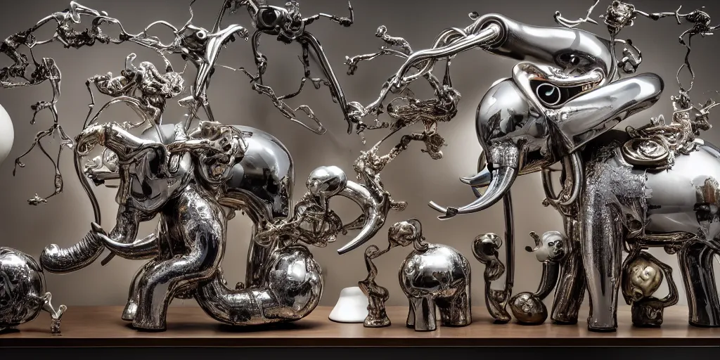 Image similar to Many Chrome and living tissue dendritic organic Elephant heads in orbit, sculpted tissue, soft lighting, chrome and viscera and bone, composition, Cronenberg automata, Marsden, ito, Ryden, sci-fi, Koons, Dieter Rams,