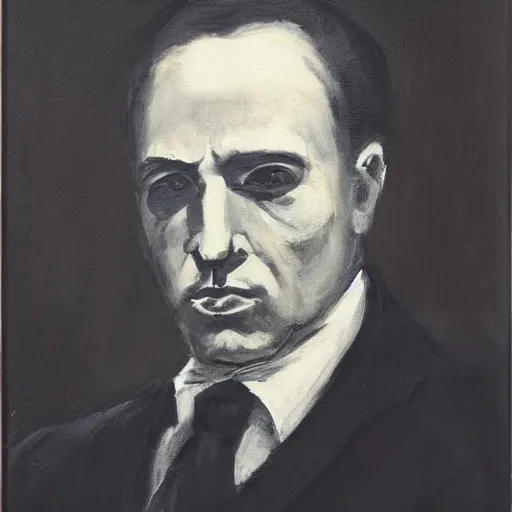 Image similar to A painting of a man in a dark suit, with a stern expression and a dark background, monochromatic.