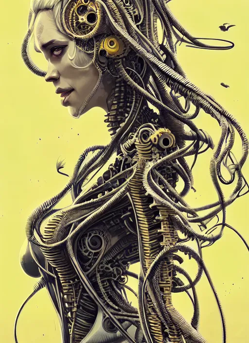 Image similar to highly detailed portrait of a biomechanical long curly white hair tribal lady, stray wiring by atey ghailan, james gilleard, by joe fenton, by greg rutkowski, by greg tocchini, by kaethe butcher, 4 k resolution, gradient yellow, black and white color scheme!!! ( ( robotic honeycomb sandy desert brick pyramid background ) )