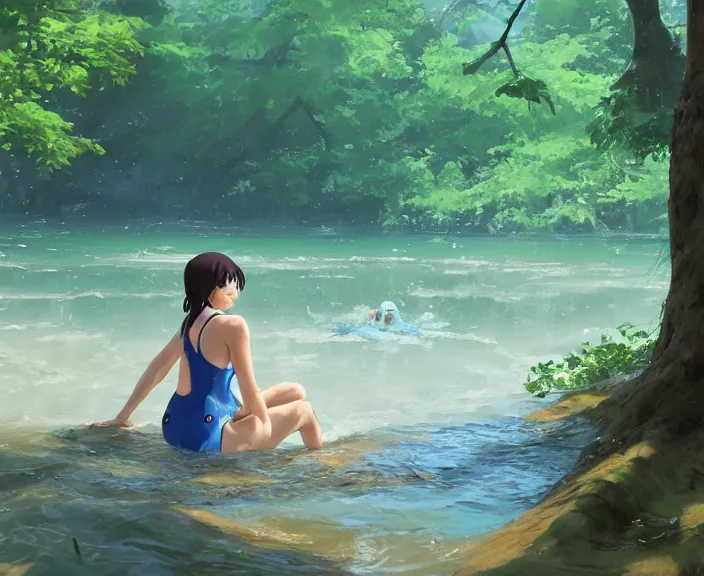 Image similar to a girl wearing a blue bathing suit wading in the river, trees bent over the river, shady, ripples, facing the camera, inviting, atmospheric lighting. By Makoto Shinkai, Stanley Artgerm Lau, WLOP, Rossdraws, James Jean, Andrei Riabovitchev, Marc Simonetti, krenz cushart, Sakimichan, trending on ArtStation, digital art.