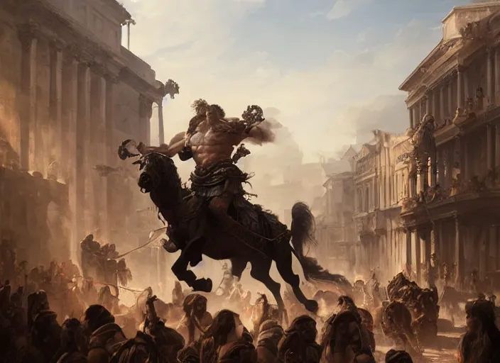 Prompt: a highly detailed matte portrait painting of a hercules in a chariot, on a roman street, flexing his muscles, in the style of greg rutkowski, digital art