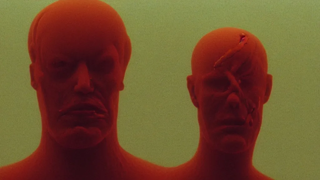 Image similar to the wax head breaches insanity, film still from the movie directed by Denis Villeneuve with art direction by Zdzisław Beksiński, wide lense