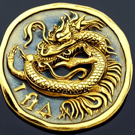 Image similar to pirate coin made of gold portraying of a dragon, high detail