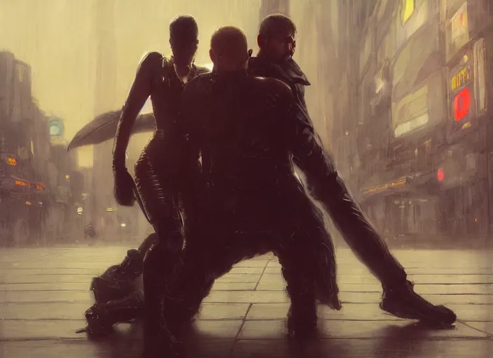 Image similar to blade runner fighting android 🤼 ( blade runner 2 0 4 9, cyberpunk 2 0 7 7 character design ). orientalist portrait by john william waterhouse and james gurney and theodore ralli and nasreddine dinet, oil on canvas. cinematic, hyper realism, realistic proportions, dramatic lighting, high detail 4 k