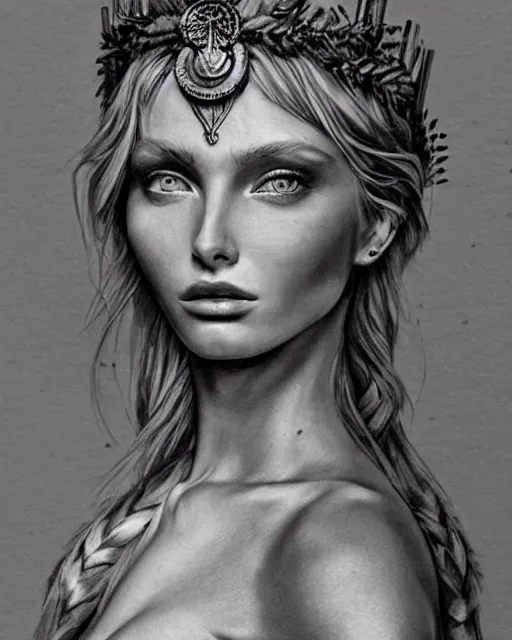 Image similar to realism tattoo sketch of elsa hosk as a beautiful greek goddess aphrodite with piercing eyes wearing a laurel wreath and triangle earrings, in the style of greg rutkowski, amazing detail