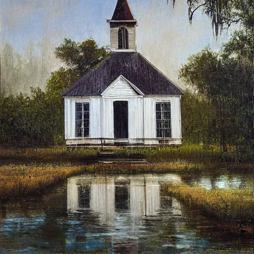 Image similar to 1 9 e century southern gothic scene, old white wooden church in bayou swamps, in louisiana, old painting style claude gellee