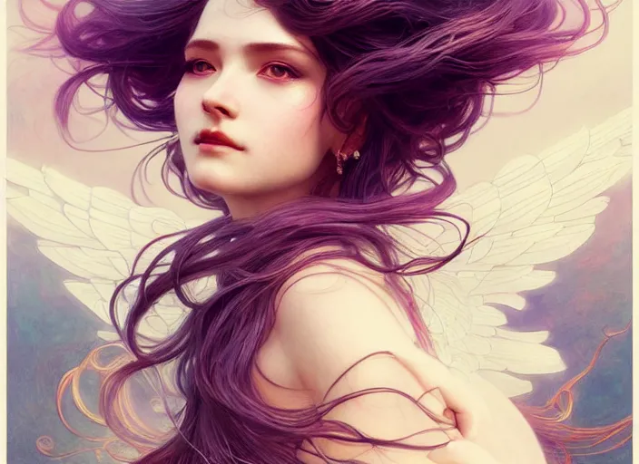 Prompt: portrait of 3 women with flowy hair, wings, confident pose, pixie, genshin impact, intricate, elegant, sharp focus, soft bokeh, illustration, highly detailed, concept art, matte, trending on artstation, bright colors, art by wlop and artgerm and greg rutkowski, mucha, giger, marvel comics