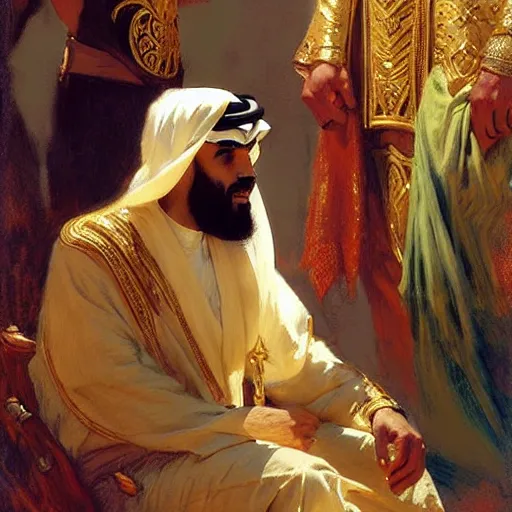 Image similar to attractive fully clothed arab king confesses his love for his attractive fully clothed male prince. highly detailed painting by gaston bussiere, craig mullins, j. c. leyendecker