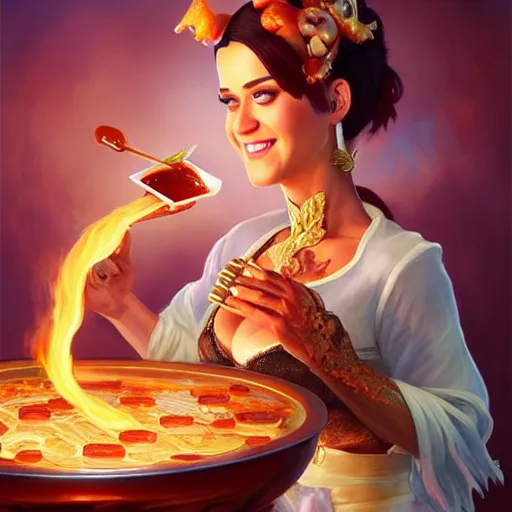 Prompt: Katy Perry Eating BBQ Ribs, dripping BBQ Sauce, D&D, fantasy, intricate, elegant, highly detailed, digital painting, artstation, concept art, matte, sharp focus, illustration, hearthstone, art by Artgerm and Greg Rutkowski and Alphonse Mucha