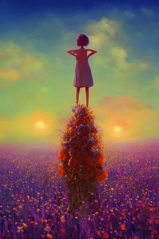 Image similar to closeup, giant flower head, girl standing in a field of flowers, surreal photography, sunrise, blue sky, dramatic light, impressionist painting, digital painting, artstation, simon stalenhag