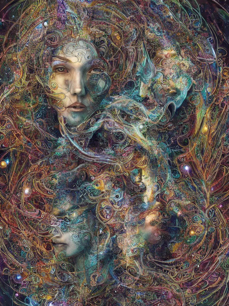 Prompt: a sculpture of an intricate visionary depiction of a realistic beautiful enlightened female transcending beyond the physical boundaries of space and time by android jones and amanda sage