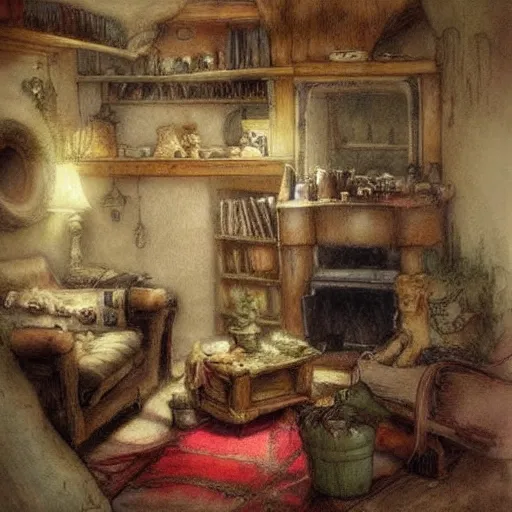 Image similar to (((((((hobbit and knome house living room with blazing fireplace))))))) . muted colors. by Jean-Baptiste Monge !!!!!!!!!!!!!!!!!!!!!!!!!!!!!!!!!!!!!!!! ((((((((((((((((((watercolor sketch))))))))))))))))))